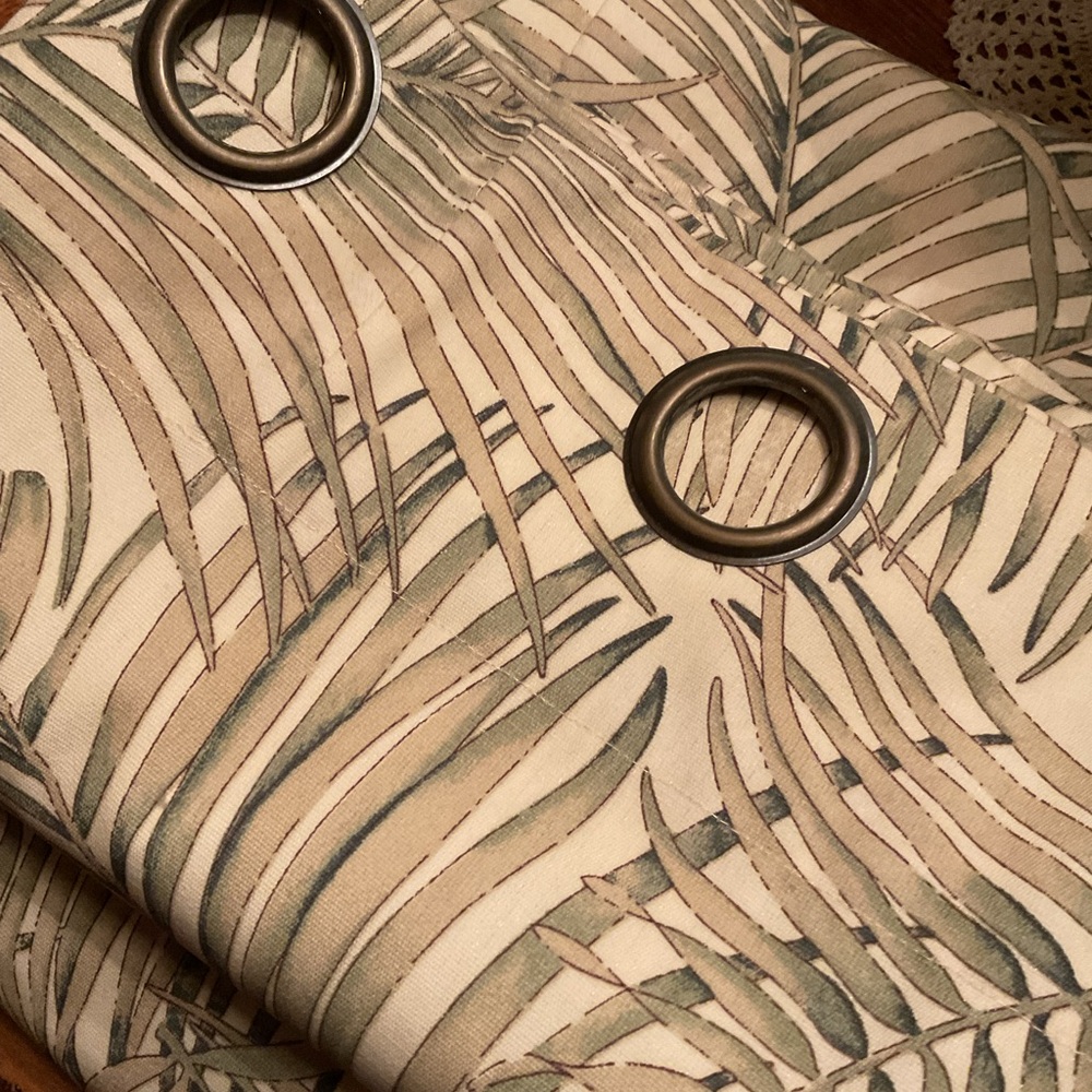 Custom Made Palm Leaf Grommet Curtain Panels – Neutral Green & Beige